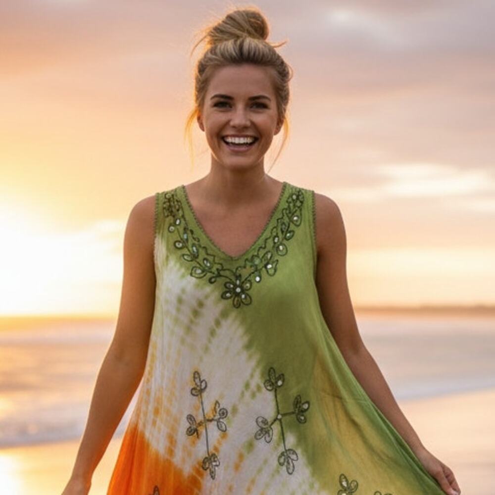 True Rock Tie Dye Embellished Cover Up Dress One Size Green Orange NWT